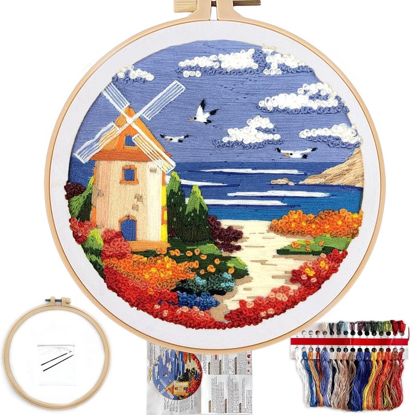 FONNUY Embroidery Kit for Beginners, Boho Nature Landscape Pre-Stamped Pattern Kits for Adults with Hoop, Easy to Follow Color Thread Needlework, 8'' Hoop (Beach House) - Image 1